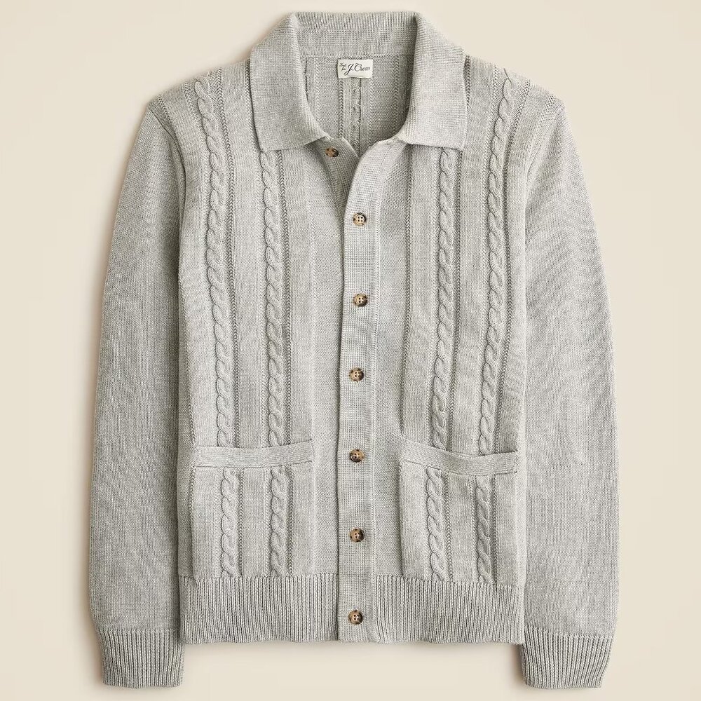 NWT J Crew Heritage Cotton Cable Knit Cardigan Sweater Polo in Heather Grey